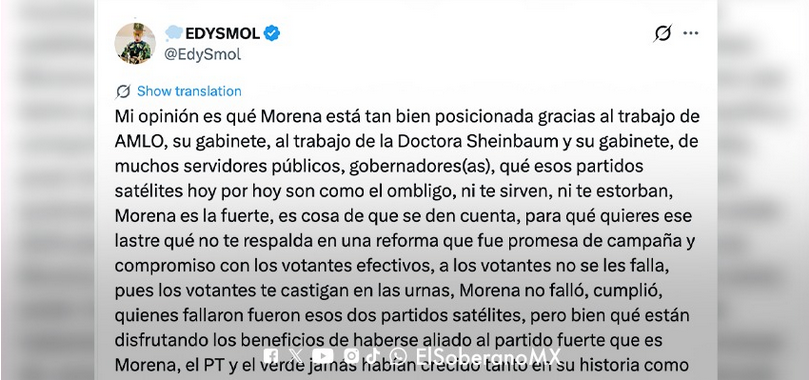 Comentarista Edy Smol arremete contra partidos coaligados de Morena por falta de compromiso