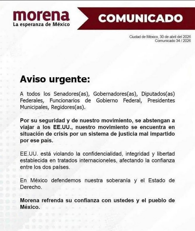 Morena recomienda a sus dirigentes evitar viajes a Estados Unidos por riesgo de detención
