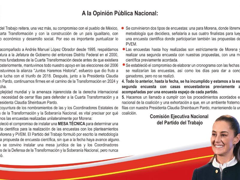 PT exige respeto a acuerdos de coalición y critica procesos de Morena para candidaturas estatales